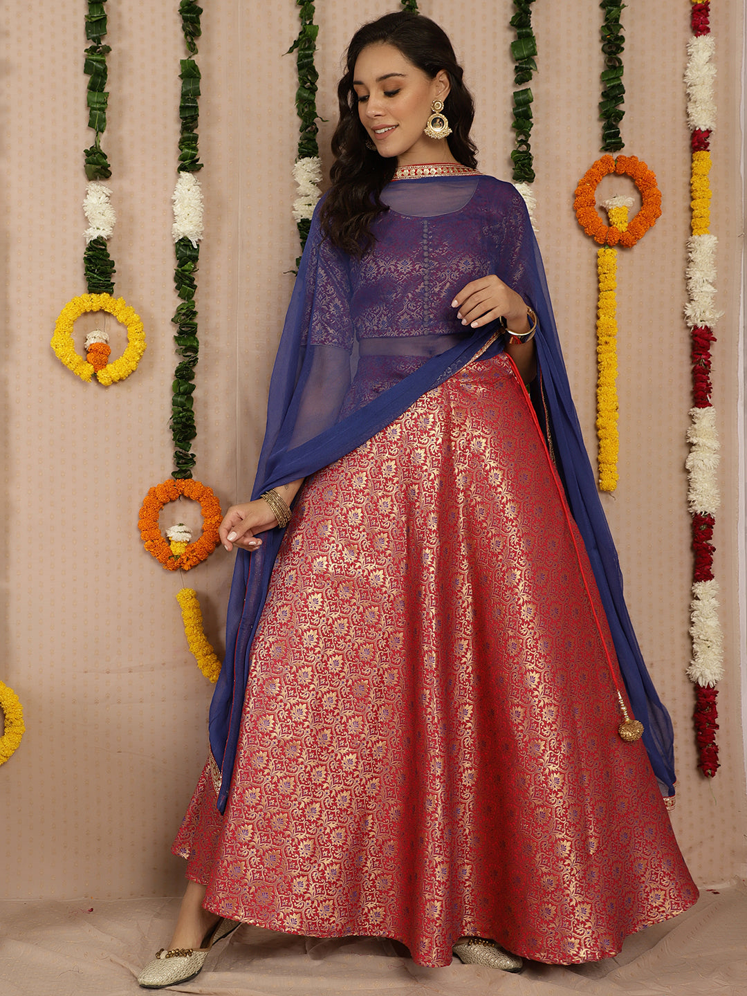 Red Banarasi Jacquard Lehenga Choli - Elganza