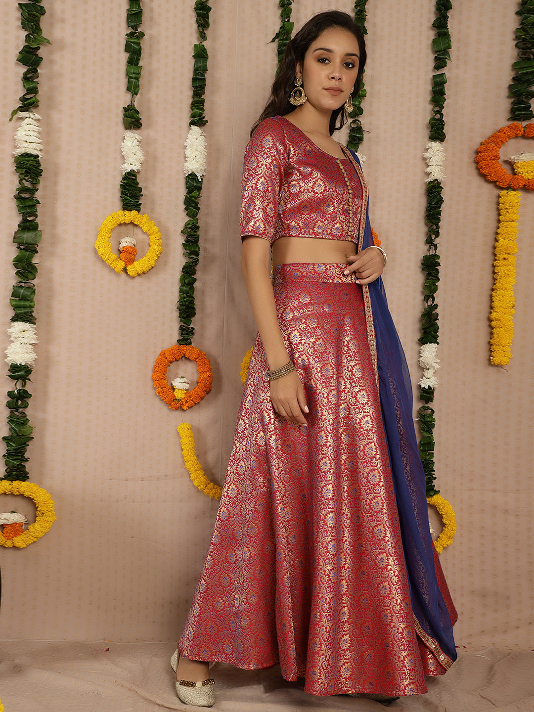 Red Banarasi Jacquard Lehenga Choli - Elganza