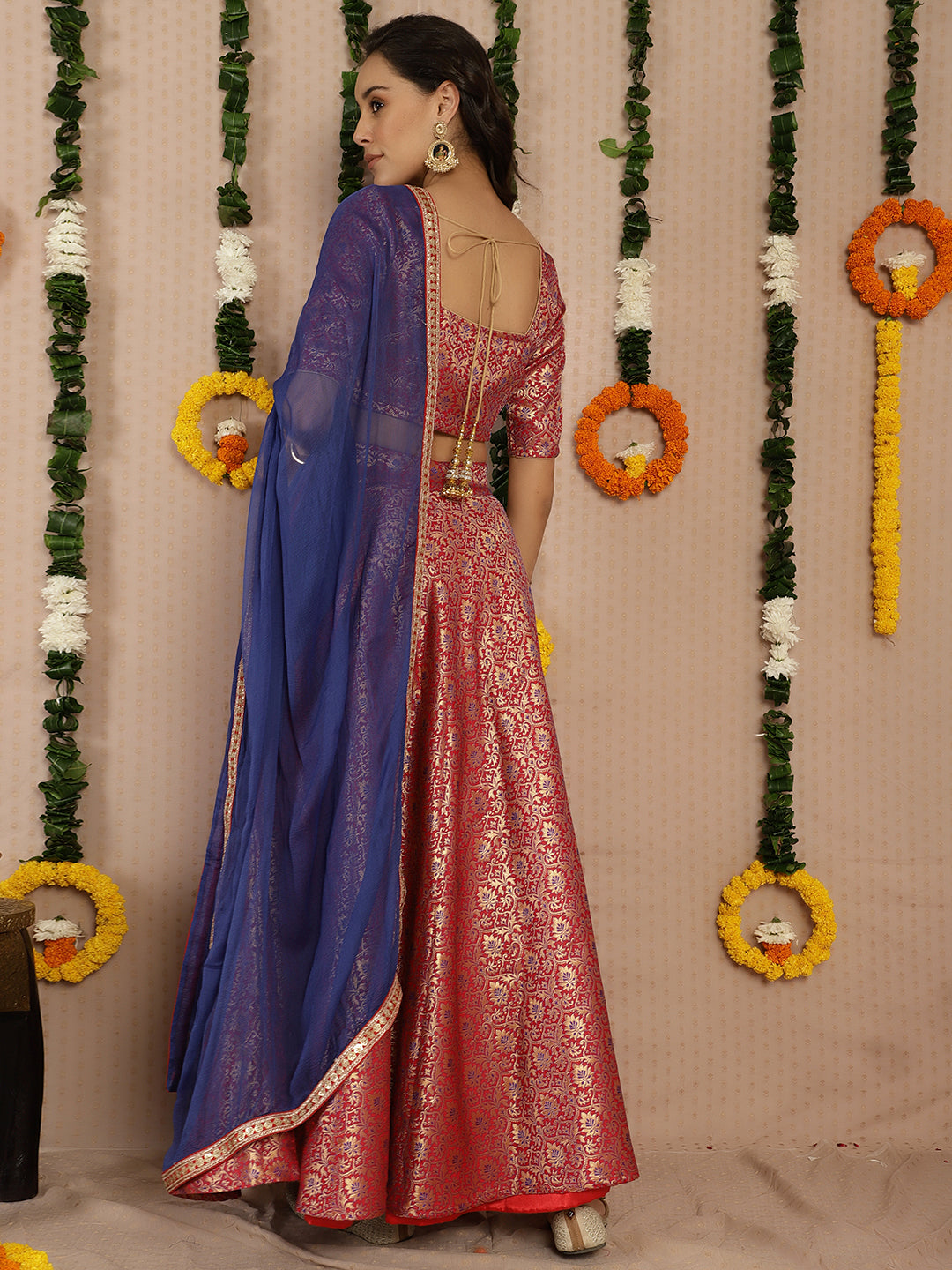 Red Banarasi Jacquard Lehenga Choli - Elganza