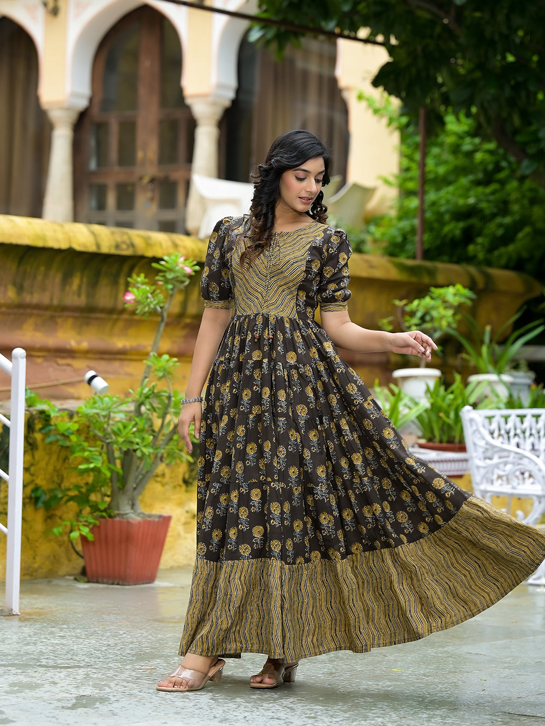 Olive & Grey Floral Print Tiered Maxi Dress - Elganza