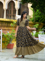 Olive & Grey Floral Print Tiered Maxi Dress - Elganza