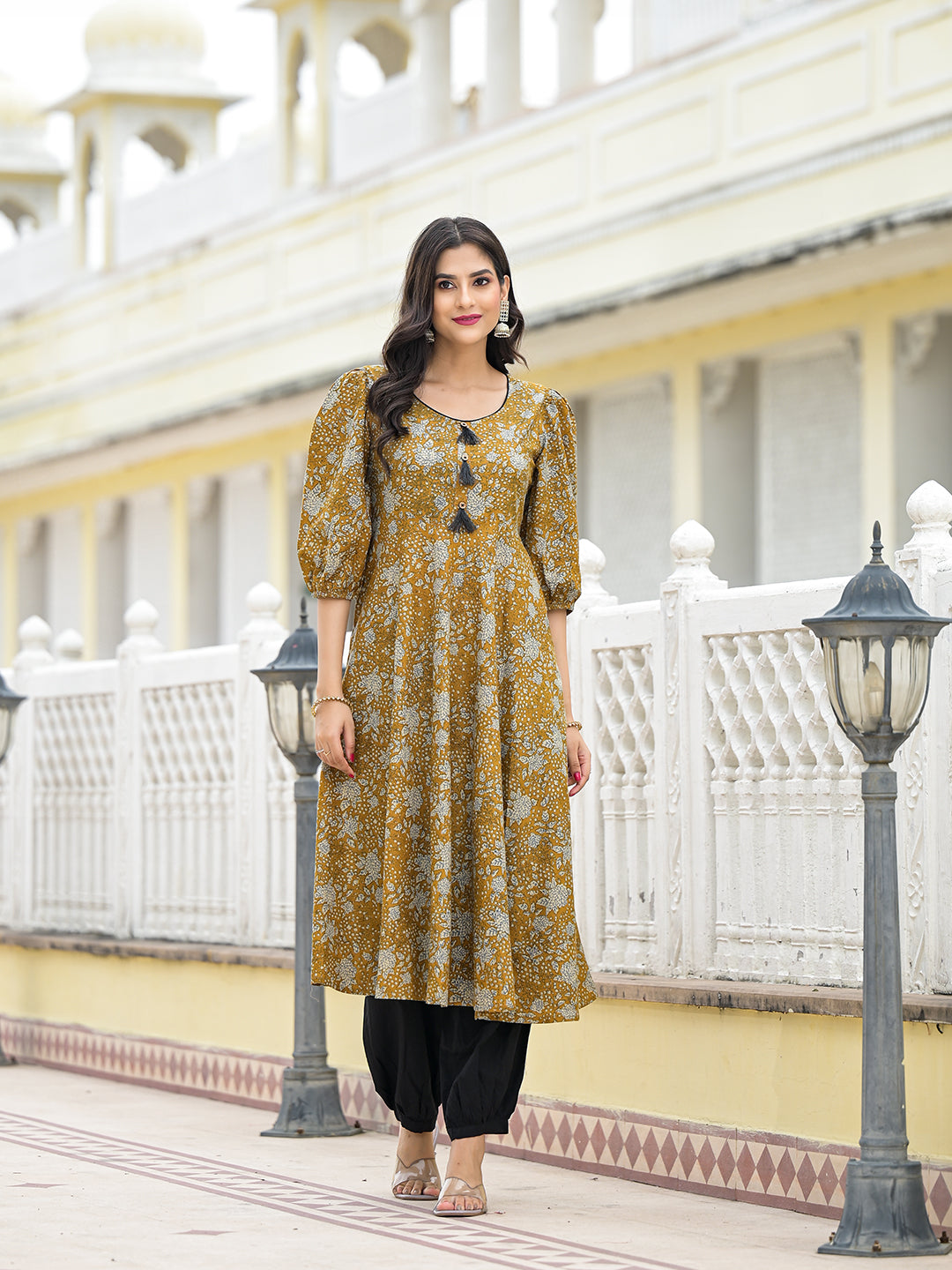 Mustard kantha Anarkali Kurta - Elganza