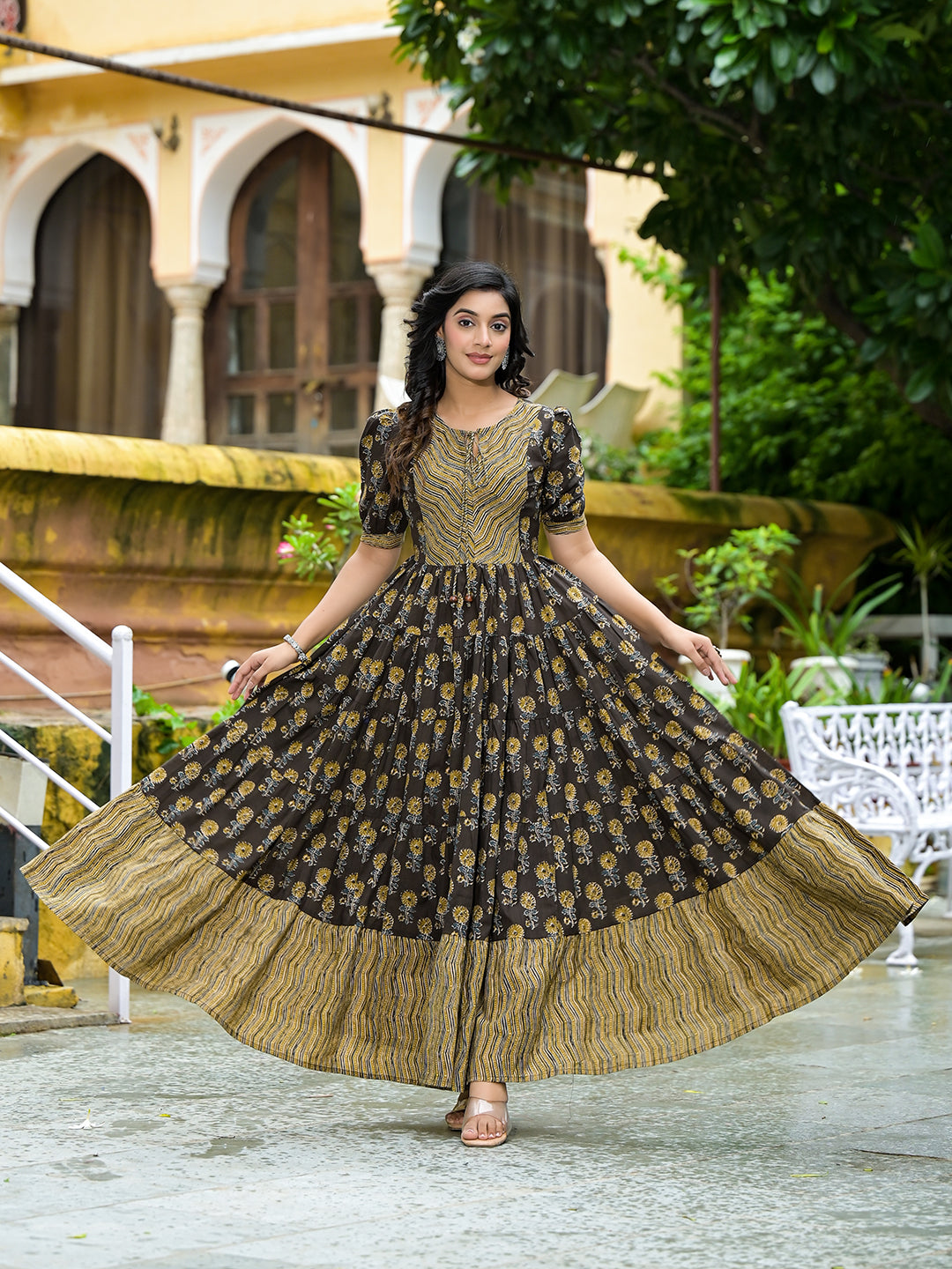 Olive & Grey Floral Print Tiered Maxi Dress - Elganza