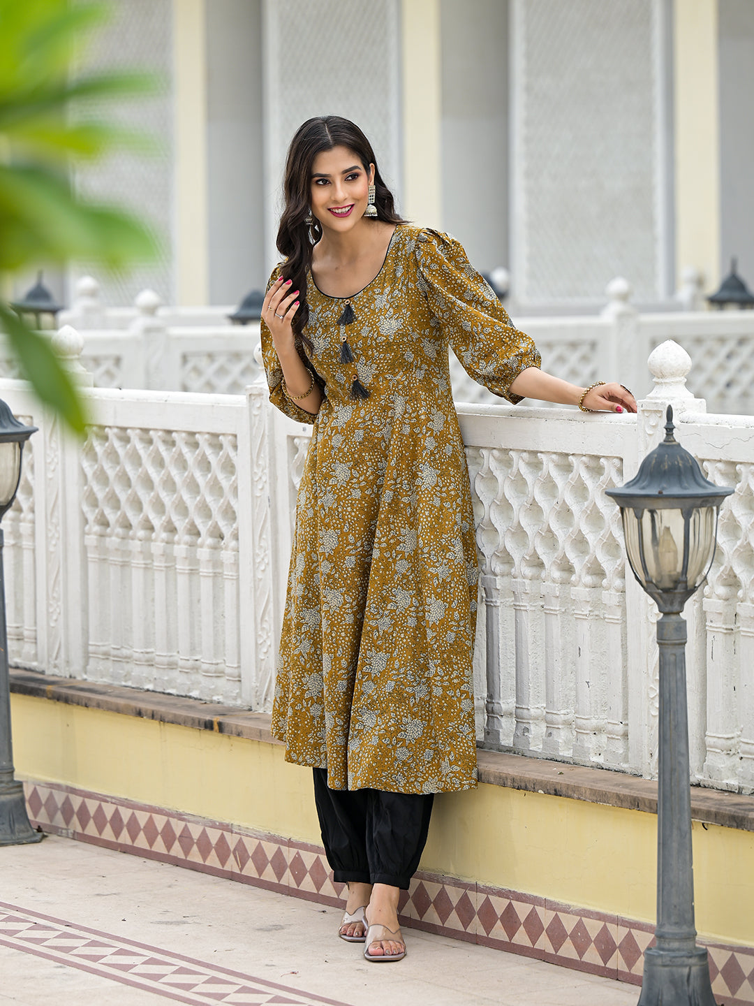 Mustard kantha Anarkali Kurta - Elganza