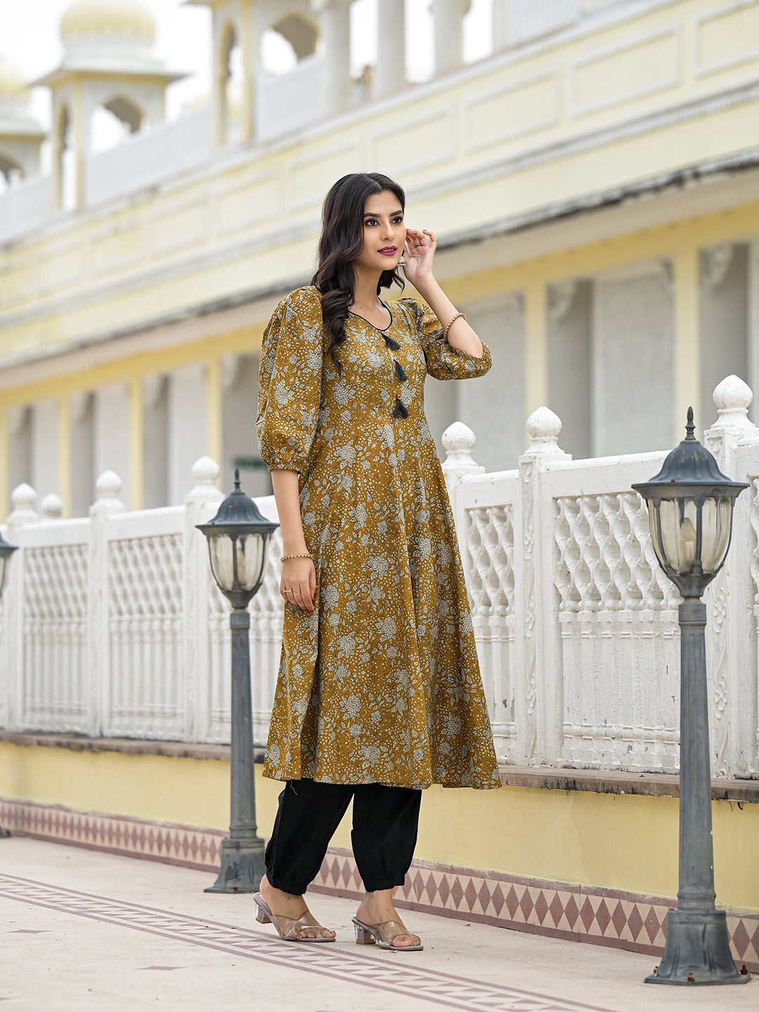 Mustard kantha Anarkali Kurta - Elganza