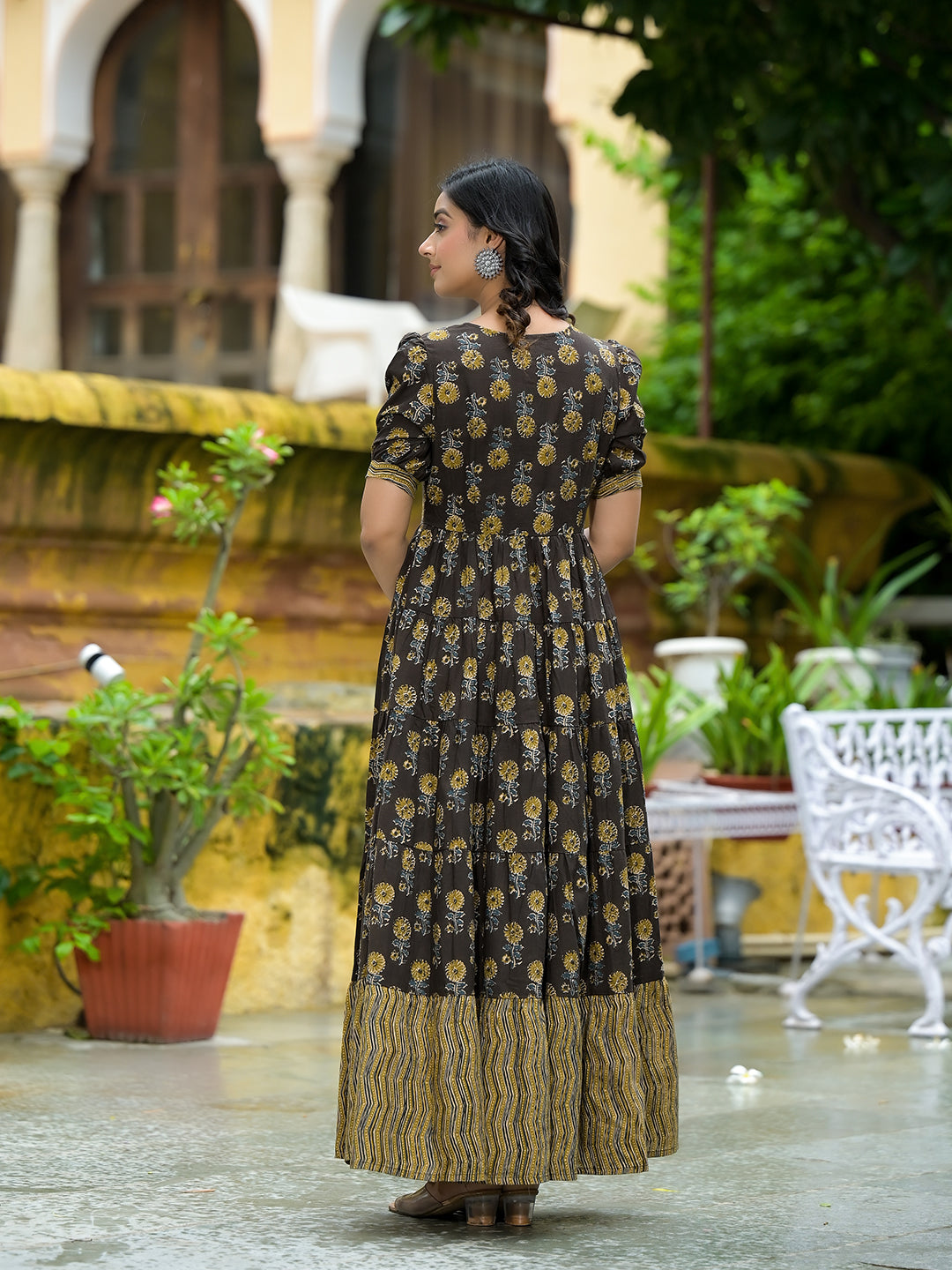 Olive & Grey Floral Print Tiered Maxi Dress - Elganza