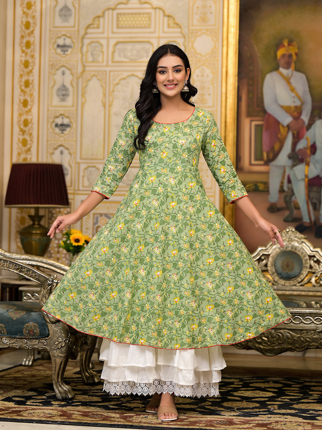 Green Floral print Layered Maxi Dress - Elganza