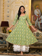 Green Floral print Layered Maxi Dress - Elganza