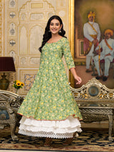 Green Floral print Layered Maxi Dress - Elganza