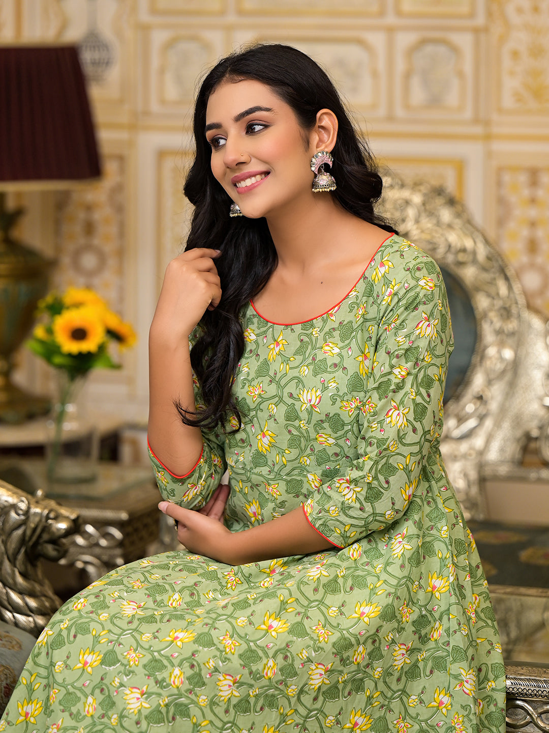 Green Floral print Layered Maxi Dress - Elganza