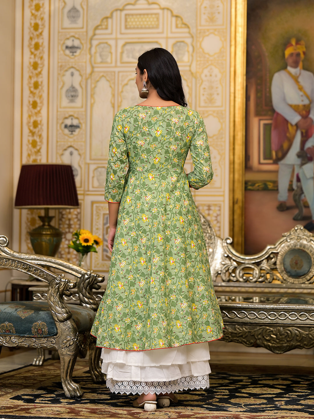 Green Floral print Layered Maxi Dress - Elganza
