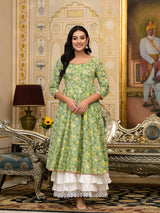 Green Floral print Layered Maxi Dress - Elganza