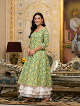 Green Floral print Layered Maxi Dress - Elganza