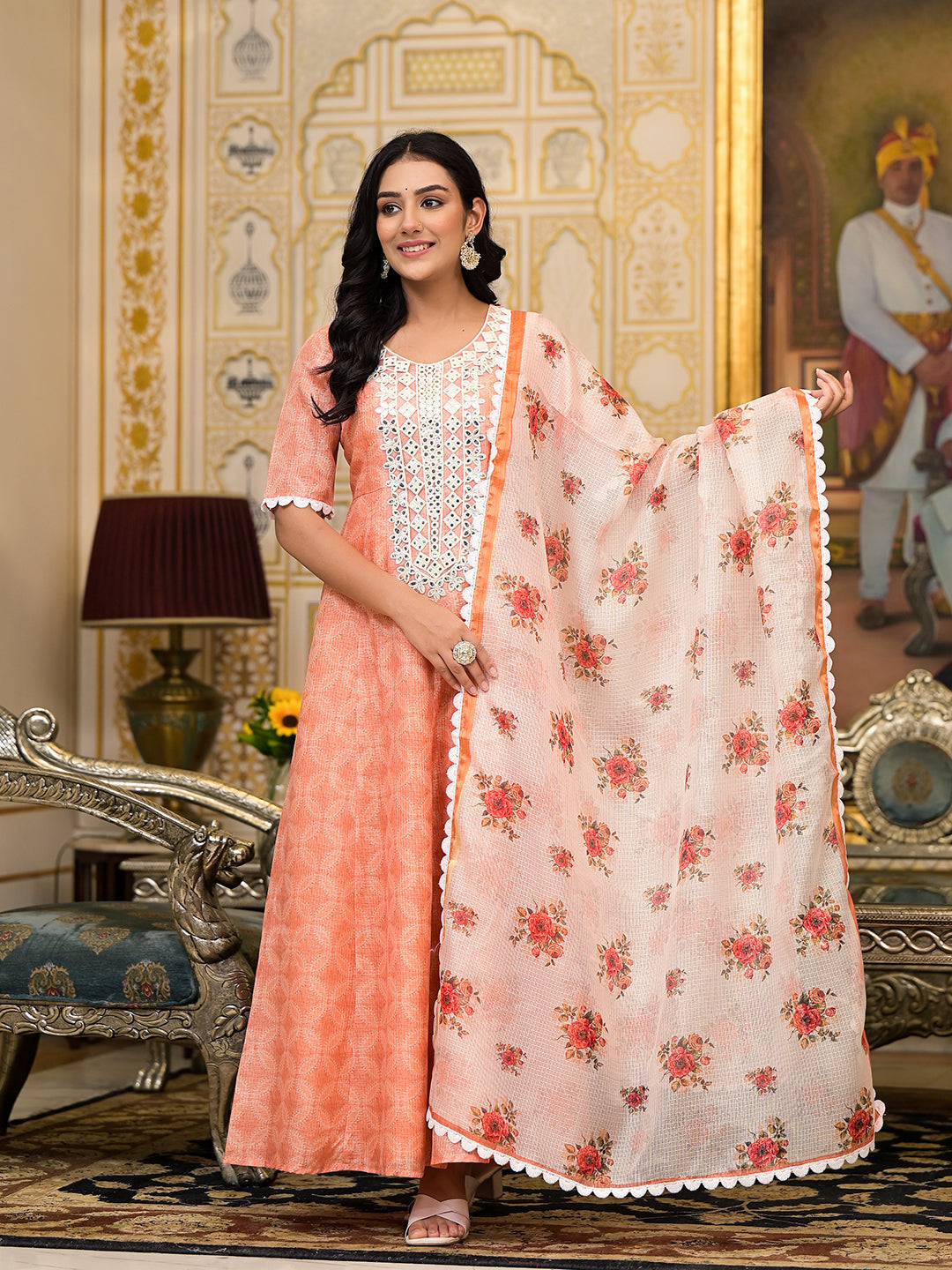 Peach Kota Doria maxi dress with Floral Dupatta - Elganza