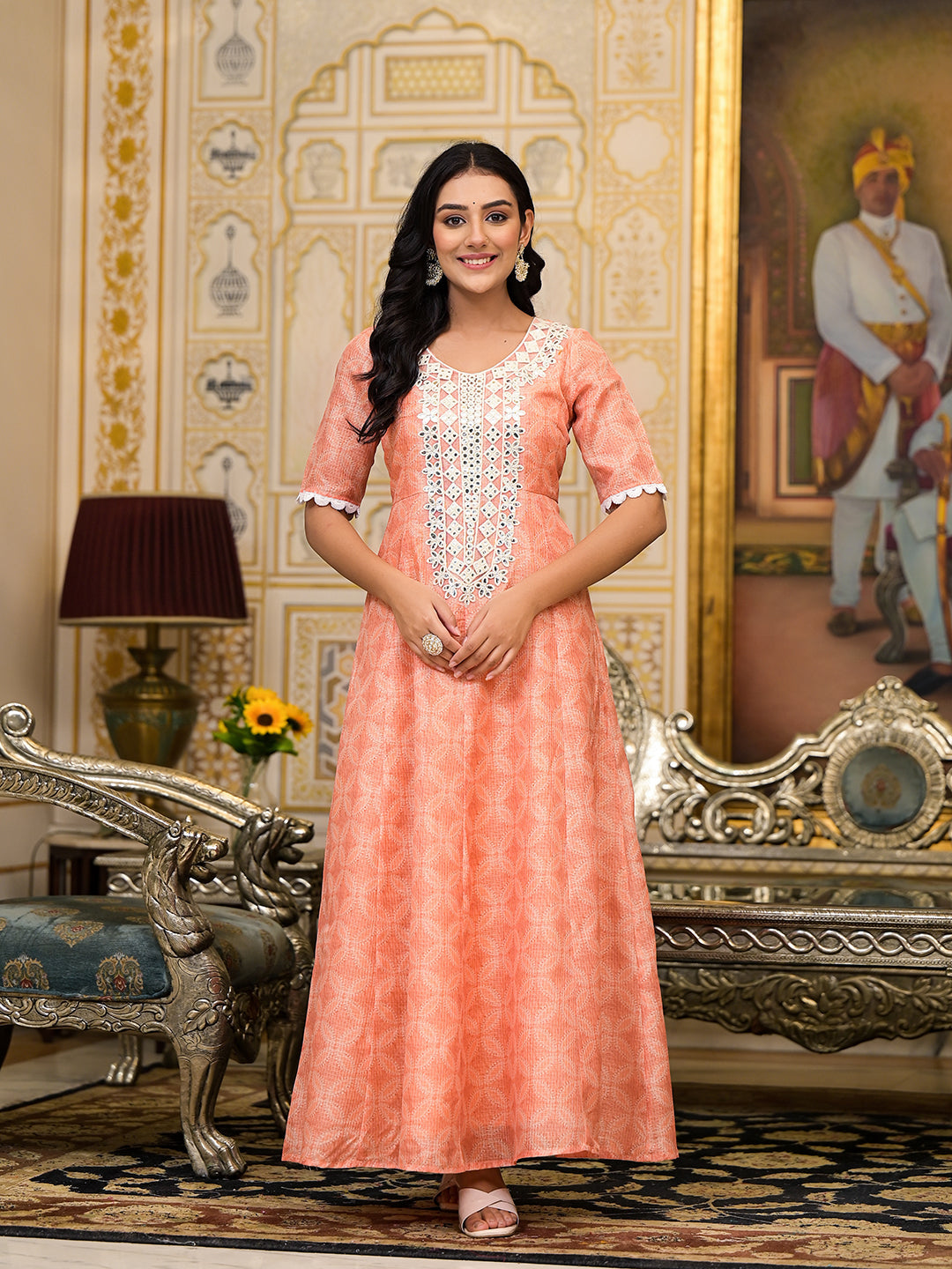Peach Kota Doria maxi dress with Floral Dupatta - Elganza