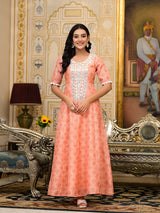 Peach Kota Doria maxi dress with Floral Dupatta - Elganza