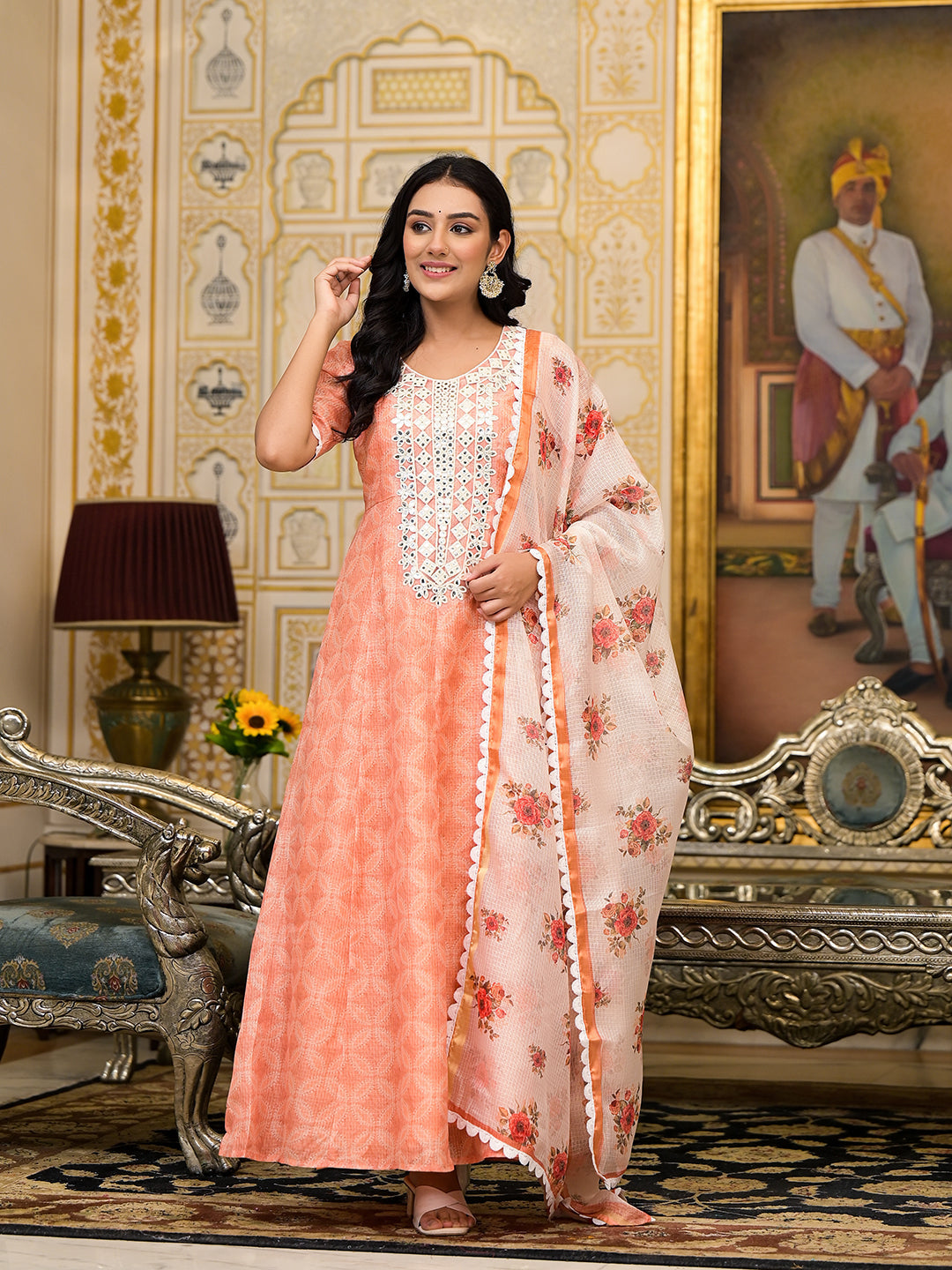 Peach Kota Doria maxi dress with Floral Dupatta - Elganza