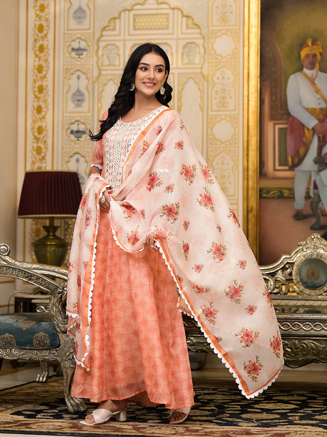 Peach Kota Doria maxi dress with Floral Dupatta - Elganza