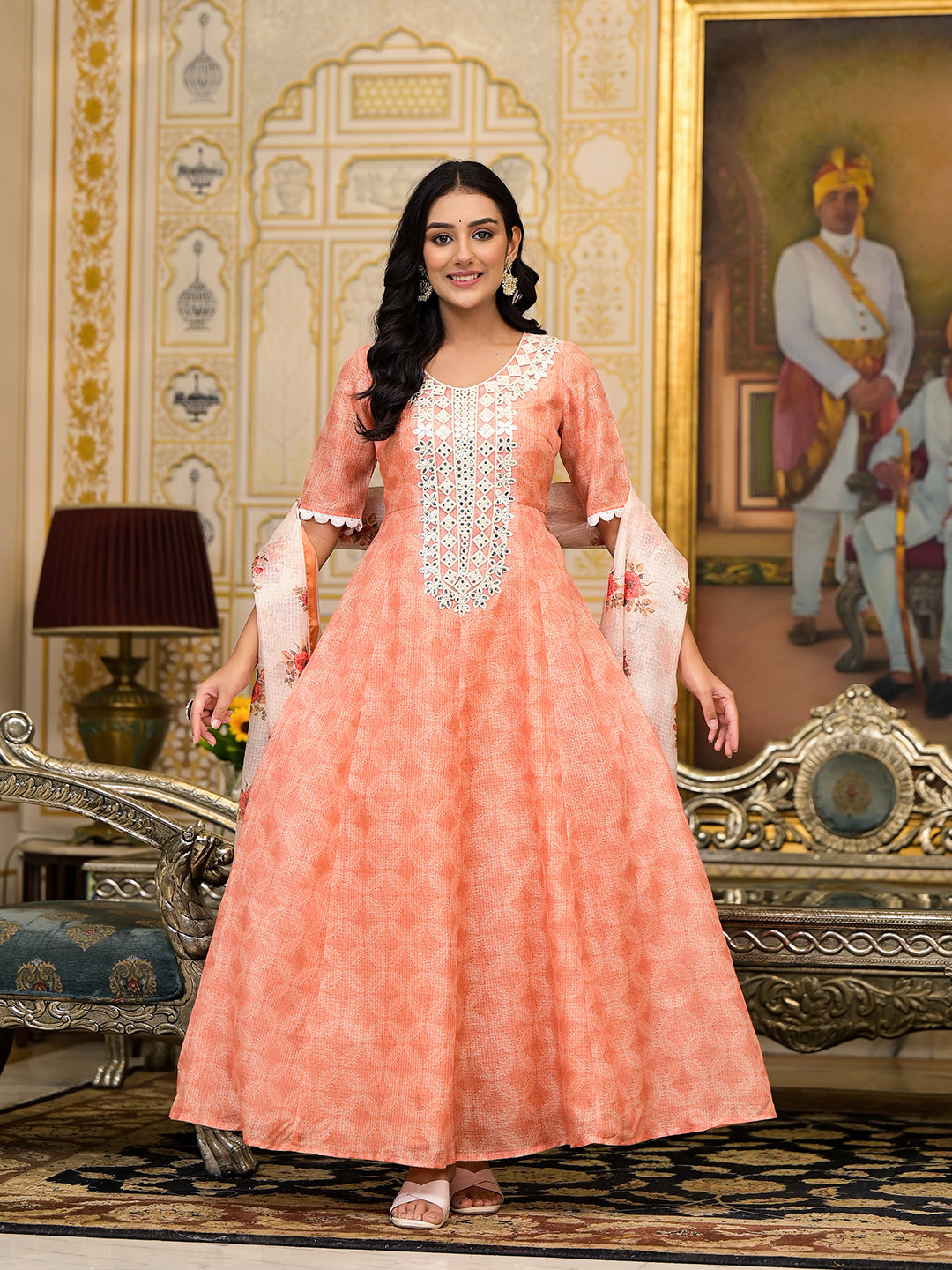 Peach Kota Doria maxi dress with Floral Dupatta - Elganza
