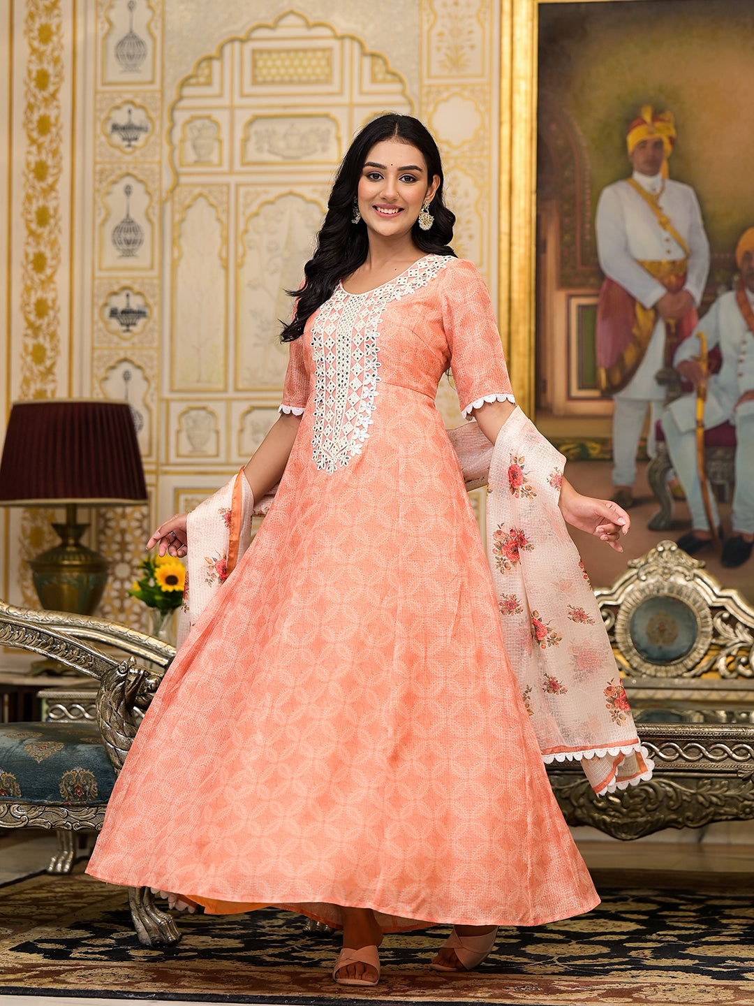 Peach Kota Doria maxi dress with Floral Dupatta - Elganza