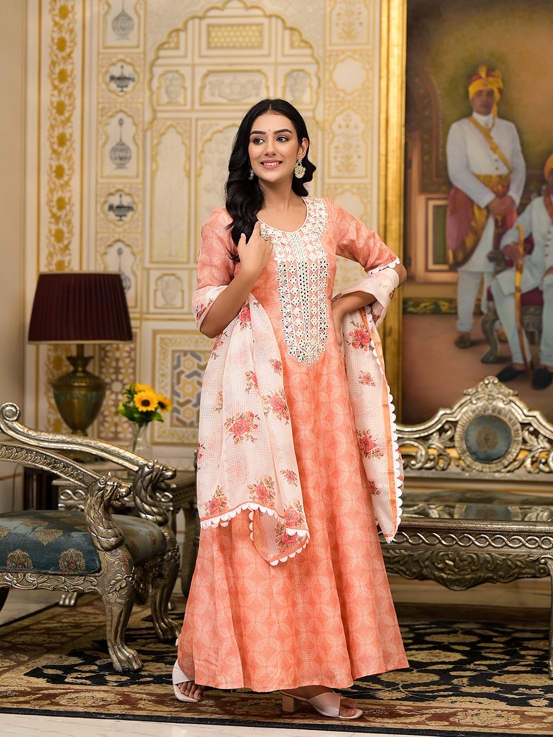 Peach Kota Doria maxi dress with Floral Dupatta - Elganza
