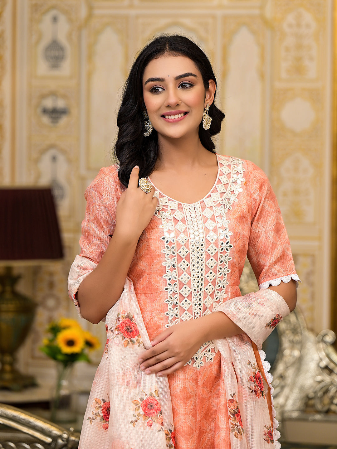 Peach Kota Doria maxi dress with Floral Dupatta - Elganza