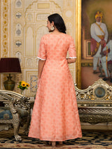 Peach Kota Doria maxi dress with Floral Dupatta - Elganza