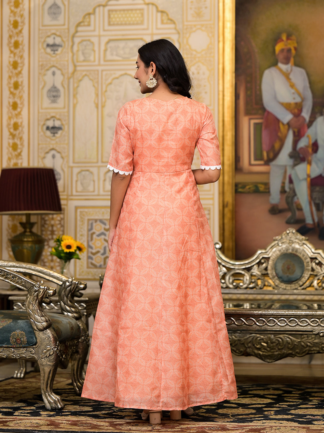 Peach Kota Doria maxi dress with Floral Dupatta - Elganza
