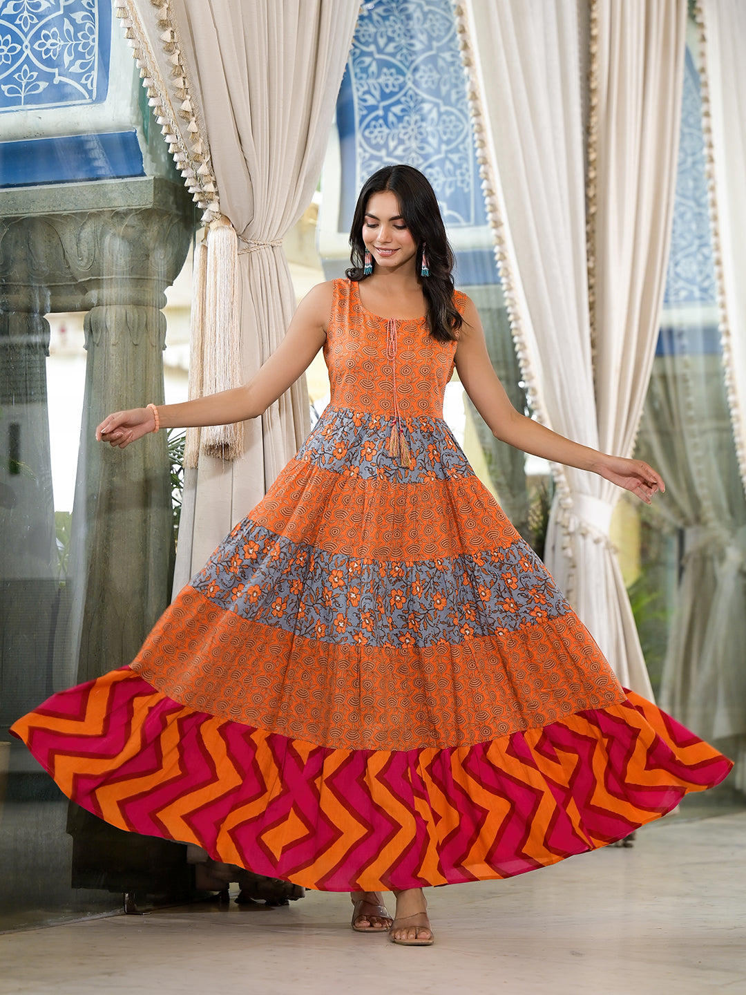 Orange & Grey Floral Print Flared Maxi Dress - Elganza