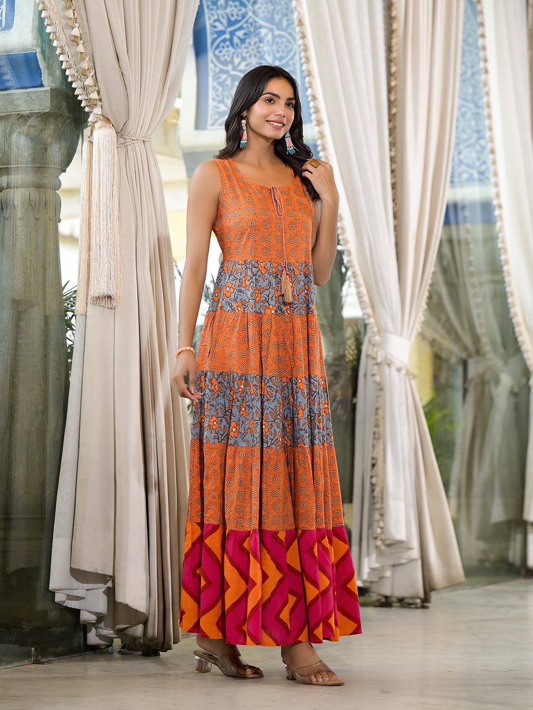 Orange & Grey Floral Print Flared Maxi Dress - Elganza