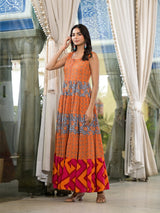 Orange & Grey Floral Print Flared Maxi Dress - Elganza