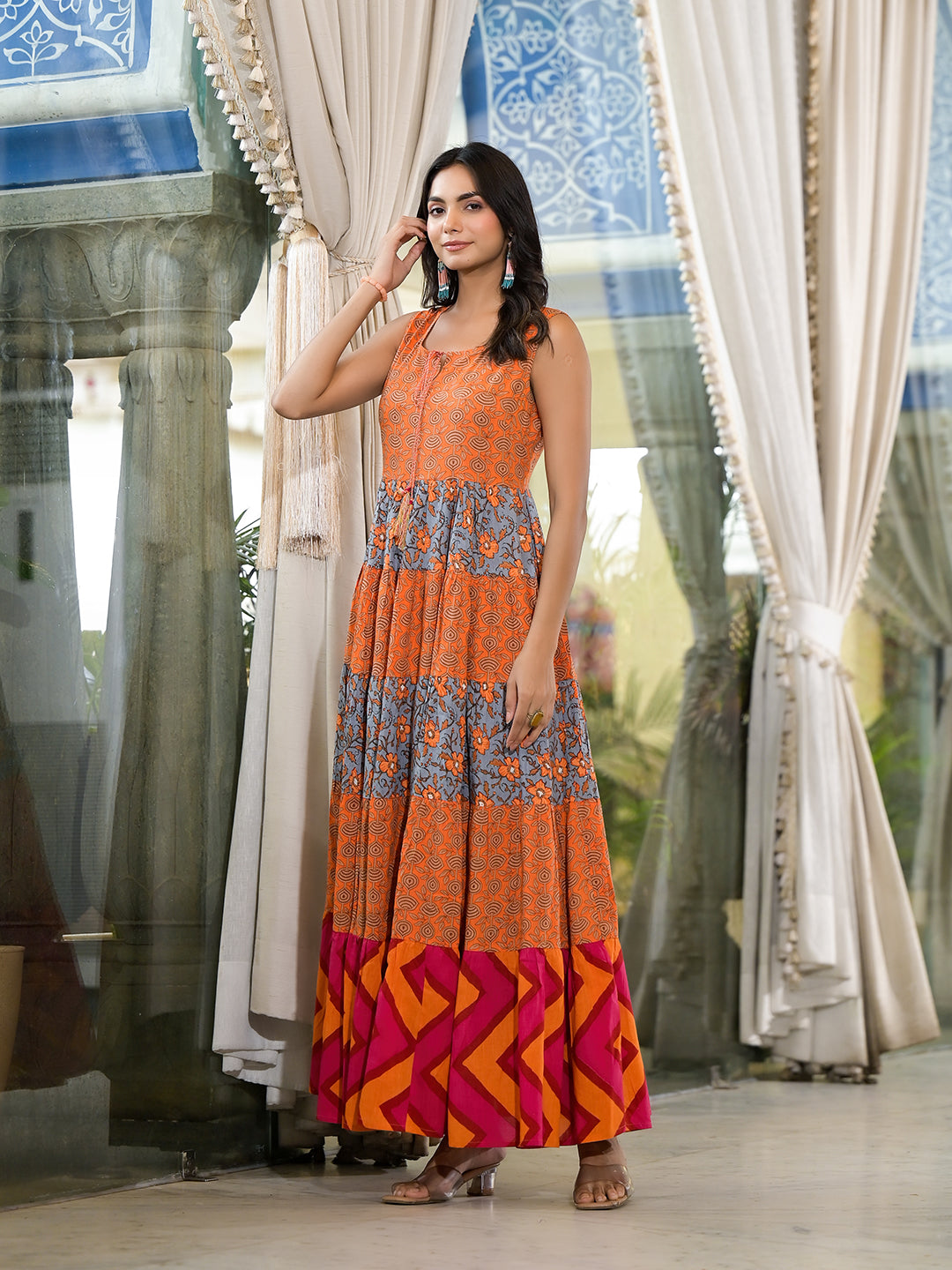 Orange & Grey Floral Print Flared Maxi Dress - Elganza