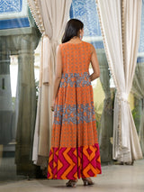 Orange & Grey Floral Print Flared Maxi Dress - Elganza