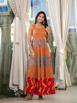 Orange & Grey Floral Print Flared Maxi Dress - Elganza