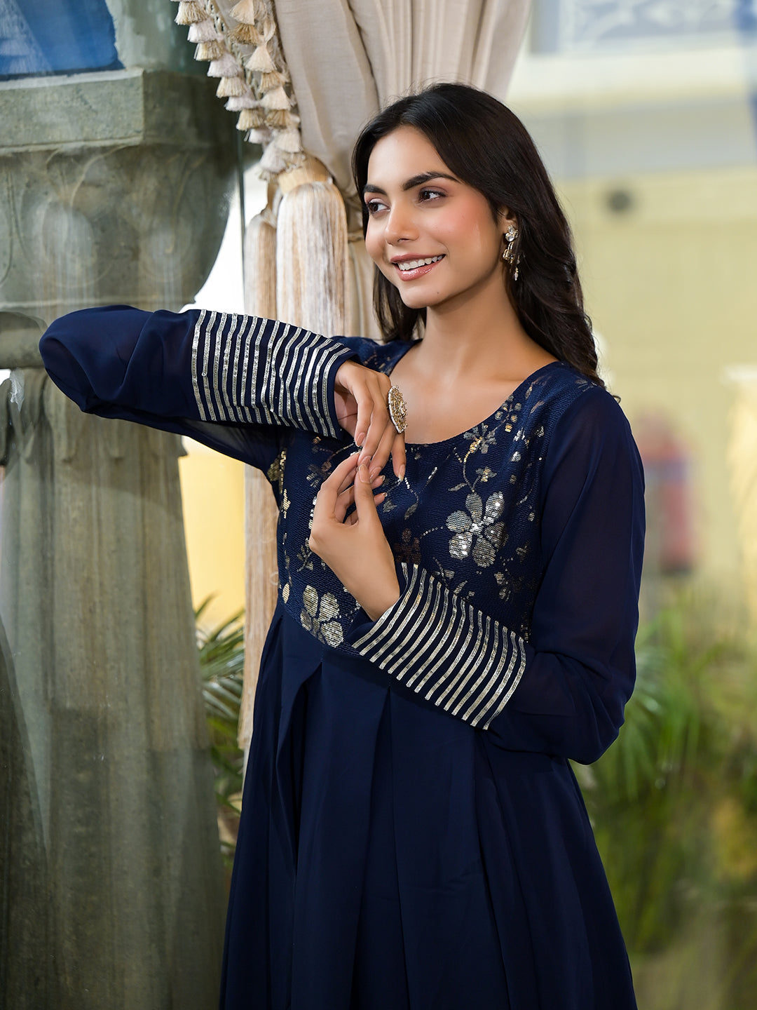 Navy Blue Sequinned Maxi Dress - Elganza