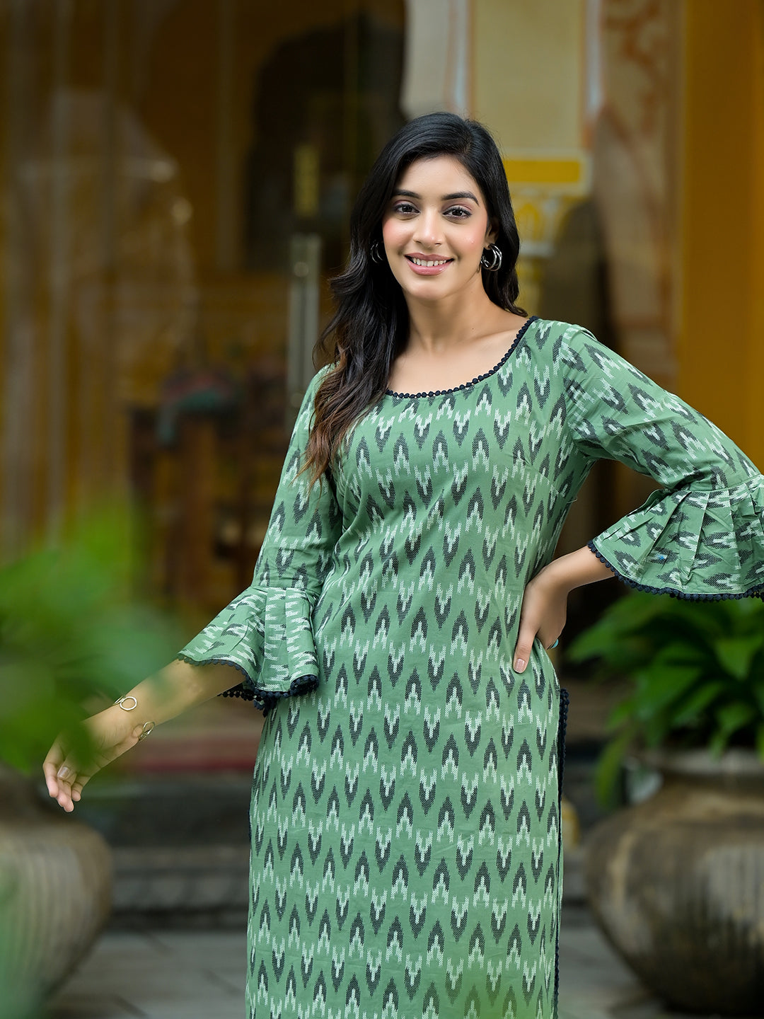 Green Ikat printed Kurta Set - Elganza