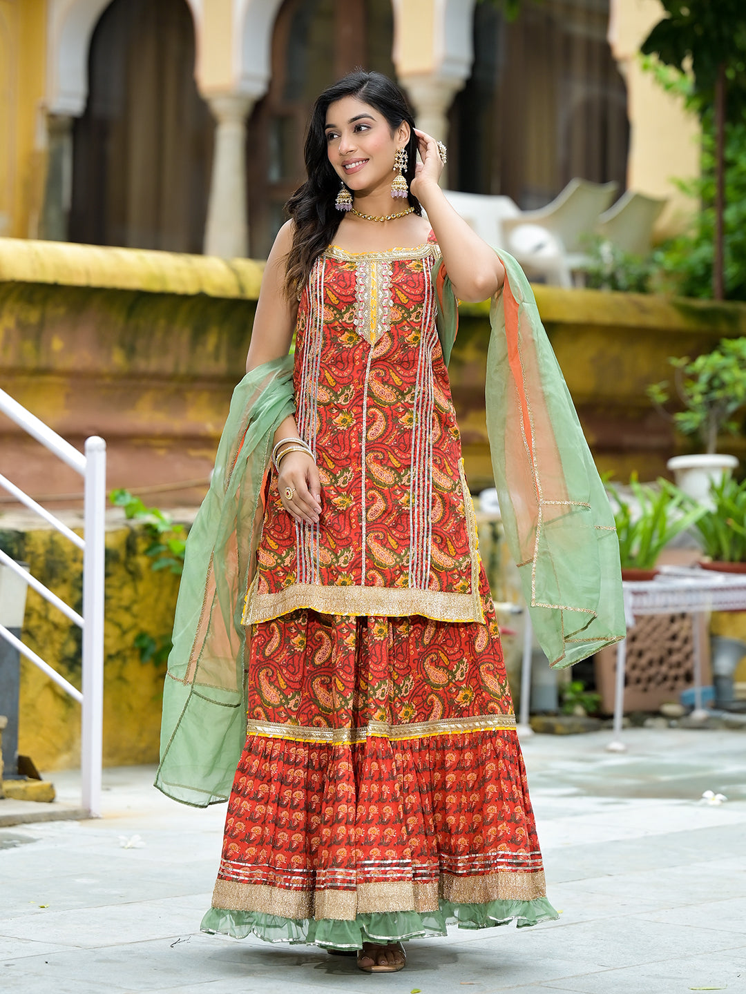 Red Cotton Gota Work Kurta with Tiered Skirt & Dupatta - Elganza