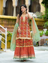 Red Cotton Gota Work Kurta with Tiered Skirt & Dupatta - Elganza