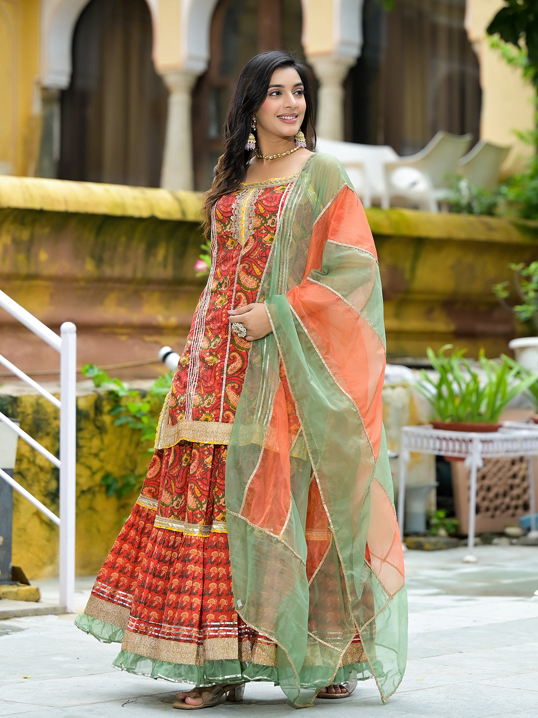 Red Cotton Gota Work Kurta with Tiered Skirt & Dupatta - Elganza