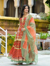 Red Cotton Gota Work Kurta with Tiered Skirt & Dupatta - Elganza