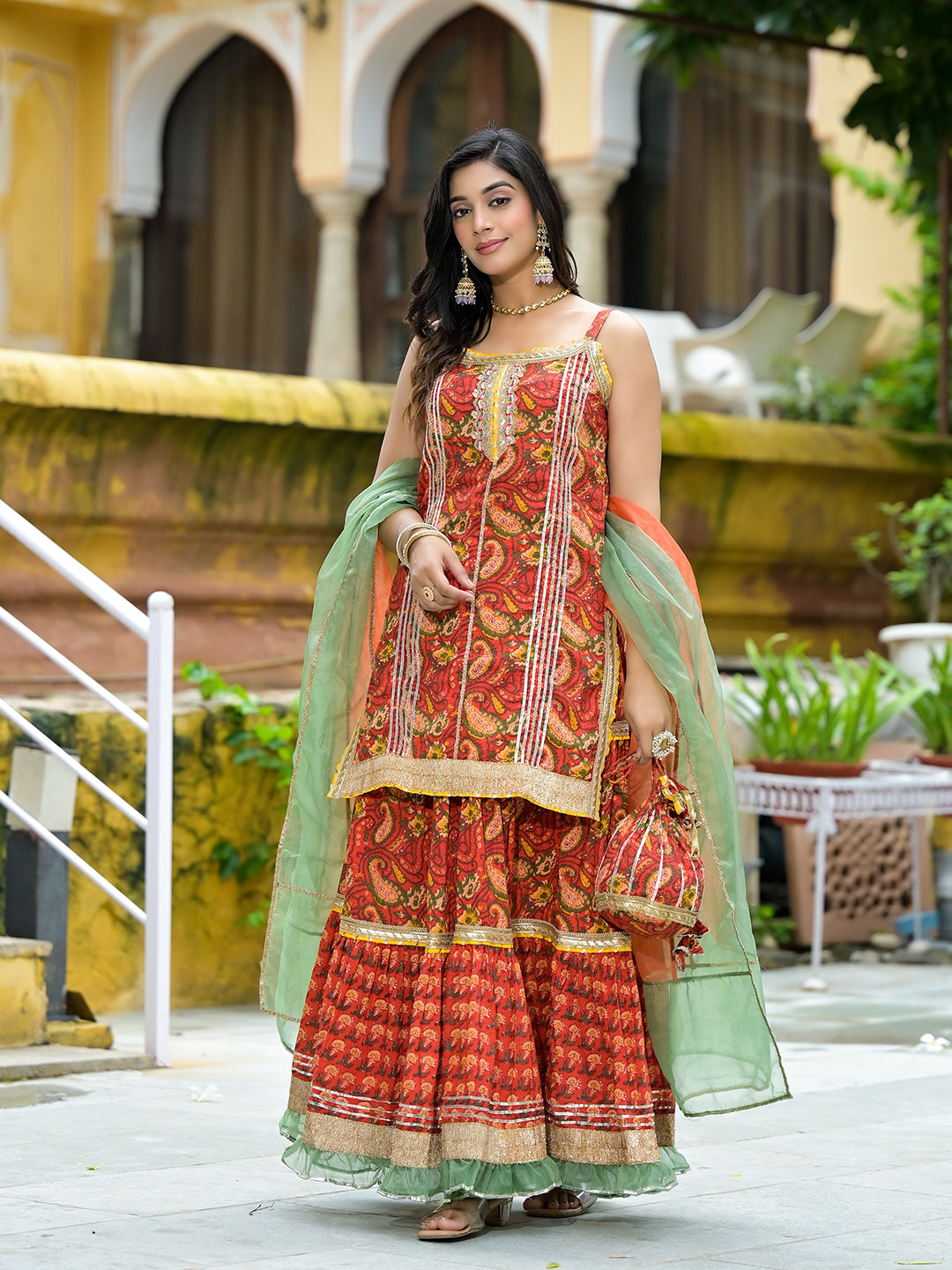 Red Cotton Gota Work Kurta with Tiered Skirt & Dupatta - Elganza