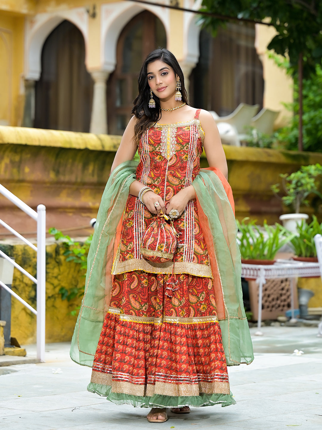 Red Cotton Gota Work Kurta with Tiered Skirt & Dupatta - Elganza