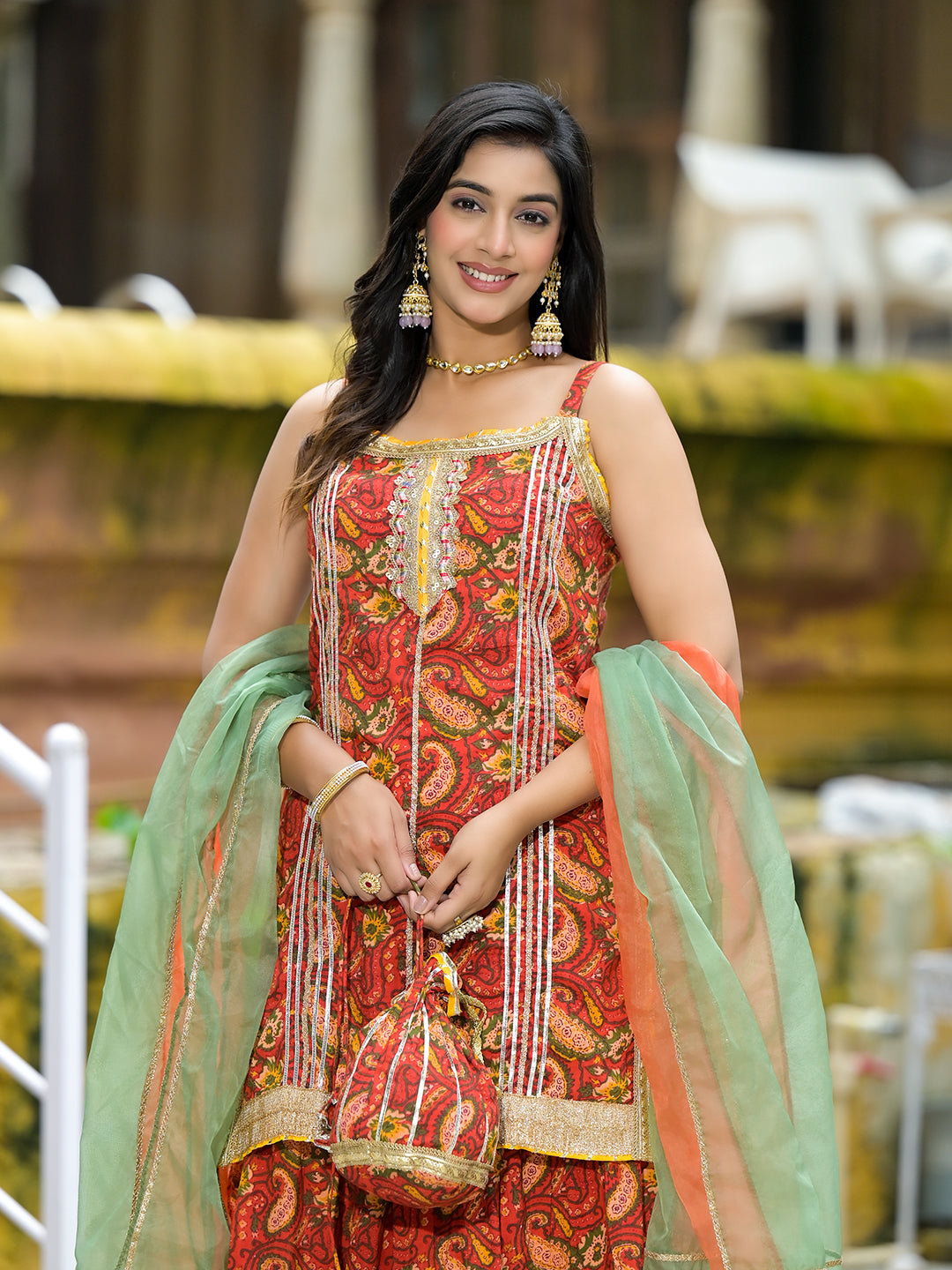 Red Cotton Gota Work Kurta with Tiered Skirt & Dupatta - Elganza