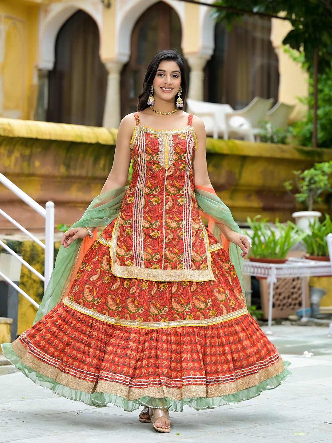 Red Cotton Gota Work Kurta with Tiered Skirt & Dupatta - Elganza