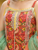 Red Cotton Gota Work Kurta with Tiered Skirt & Dupatta - Elganza