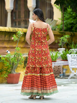 Red Cotton Gota Work Kurta with Tiered Skirt & Dupatta - Elganza