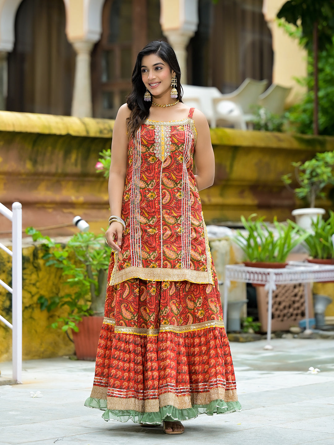 Red Cotton Gota Work Kurta with Tiered Skirt & Dupatta - Elganza