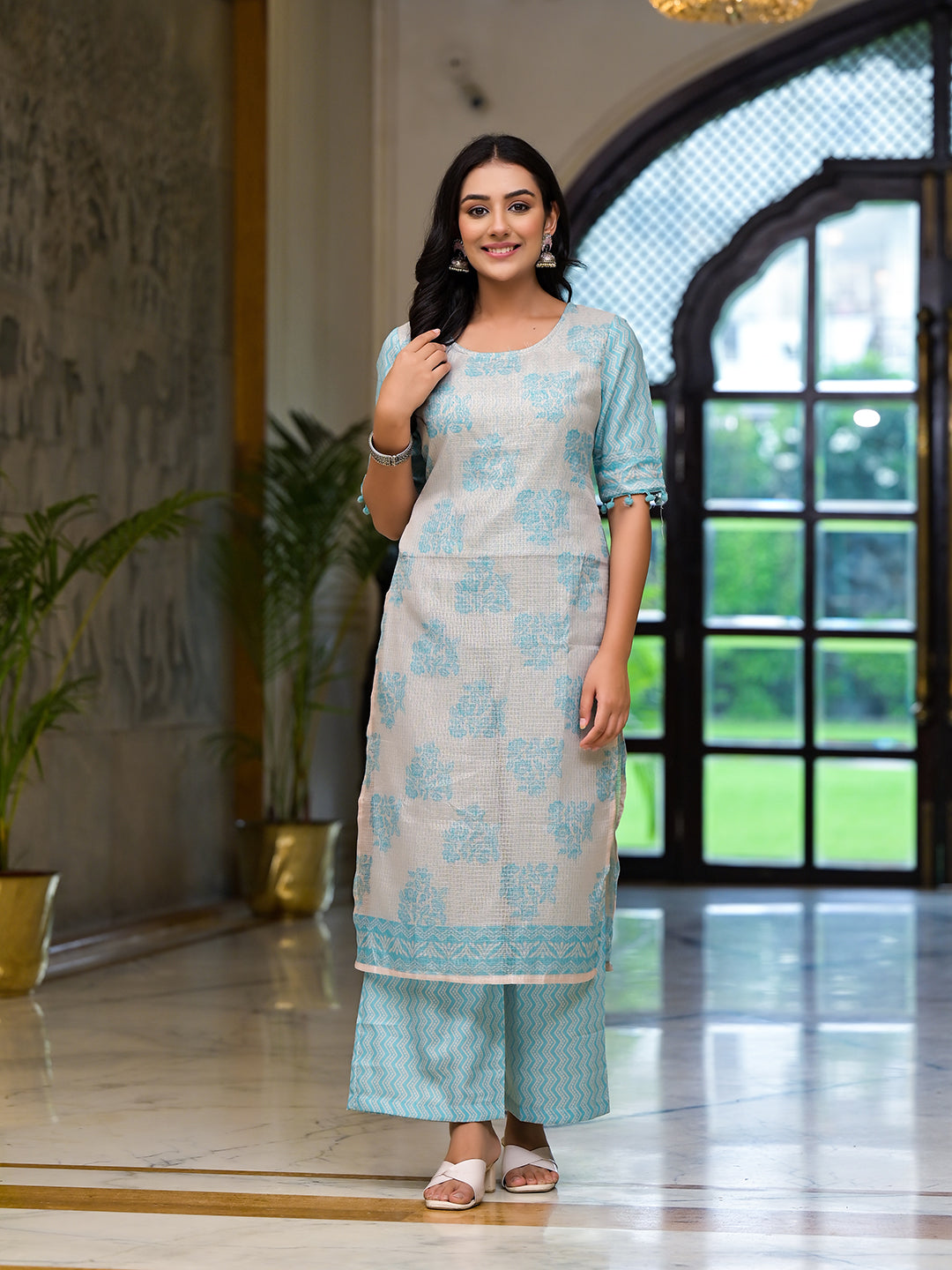 Turqoise Kota Doria layered Kurta Set - Elganza
