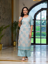 Turqoise Kota Doria layered Kurta Set - Elganza