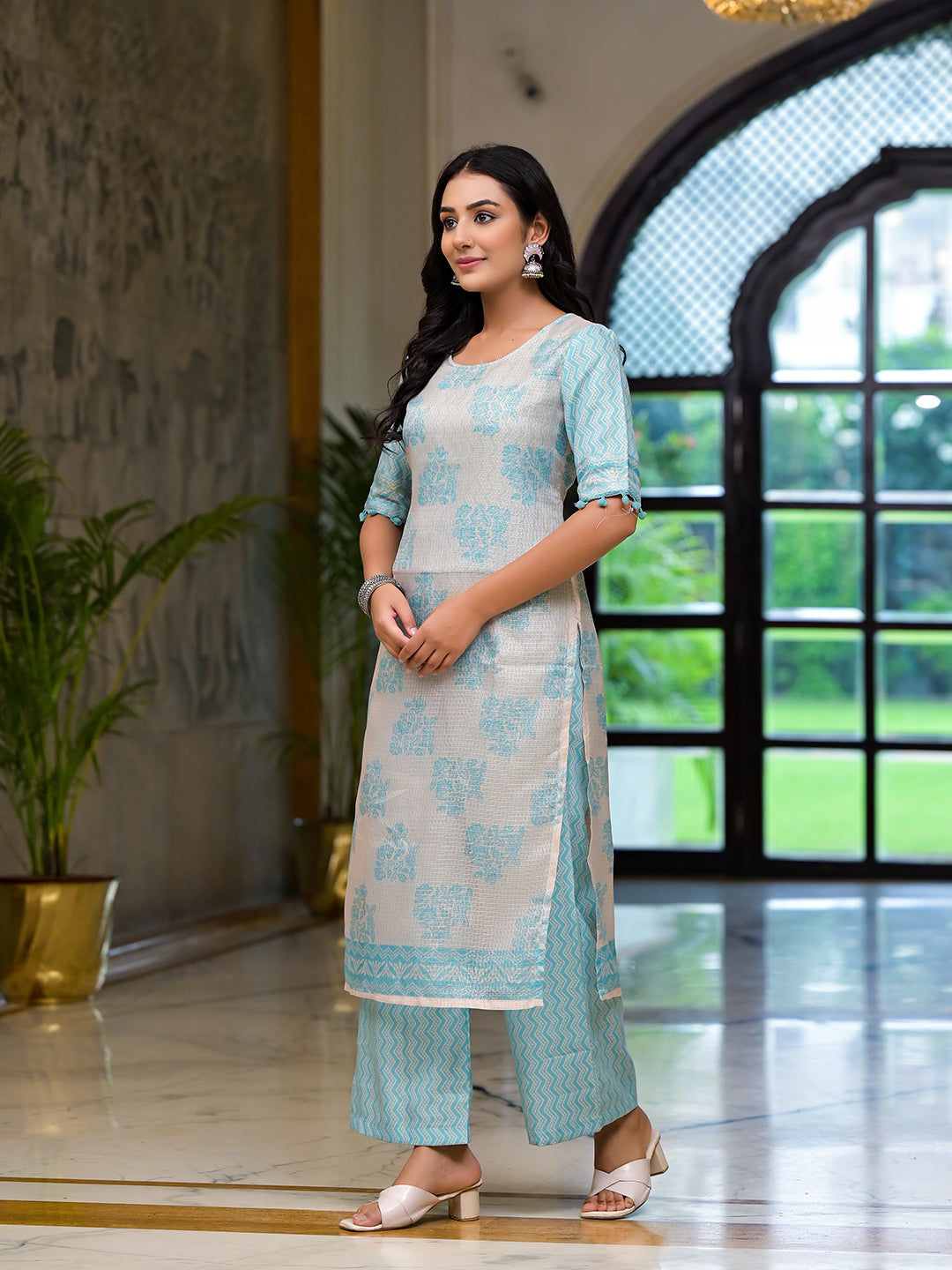 Turqoise Kota Doria layered Kurta Set - Elganza
